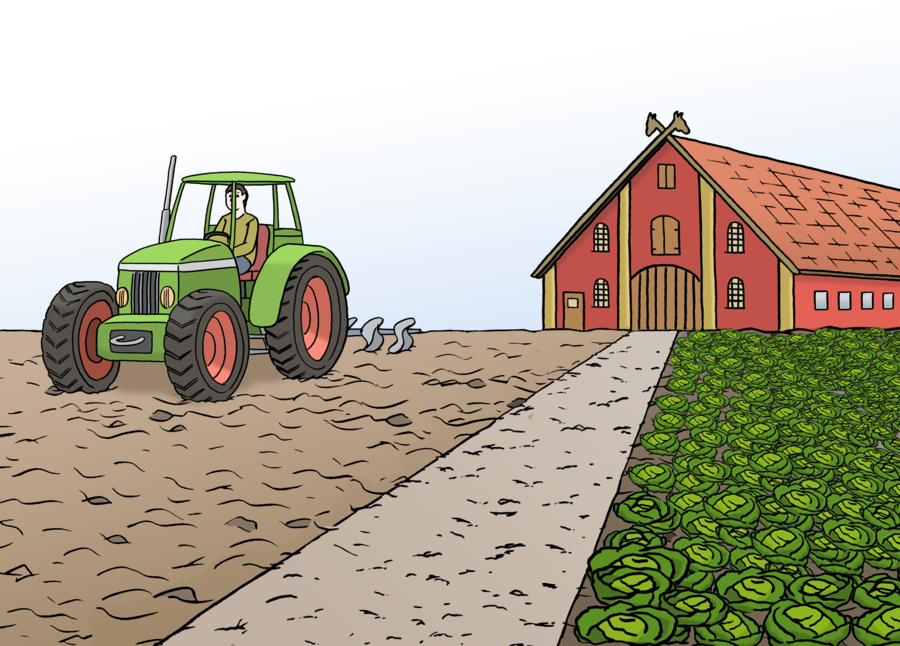 Ein Traktor auf einem Feld vor einem Bauernhaus