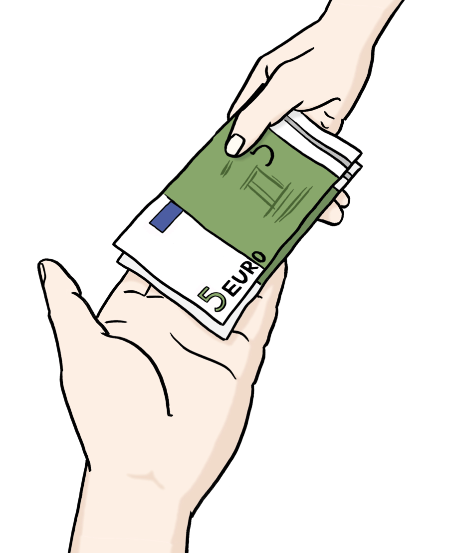 Farbige Zeichnung von einer offenen Hand, in die Geldscheine von einer zweiten Hand gelegt werden.