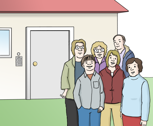 Farbige Zeichnung von sechs Menschen, die als Gruppe vor einem Haus stehen und den Betrachter anschauen.