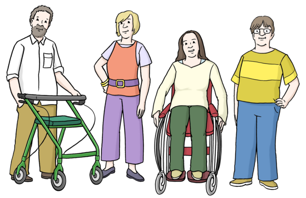Zeichnung mit vier Menschen: Ein Mann mit einem Rollator. Neben ihm sind eine junge Frau und eine Frau im Rollstuhl und ein junger Mann mit Brille zu sehen.