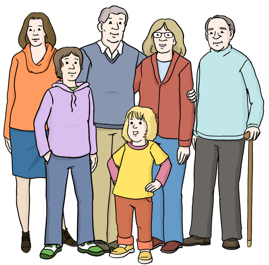 Farbige Zeichnung von sechs Menschen in verschiendem Alter, die zusammen stehen. orne Steht ein Kind. Dahinter ist Jugendlicher. Zwei sind Erwachsene. Und zwei sind Senioren.