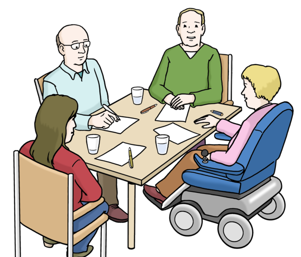 Farbige Zeichnung mit vier Menschen, die um einem Tisch sitzen. Sie haben Blöcke und Stifte. Eine Frau sitzt in einem elektrischen Rollstuhl.
