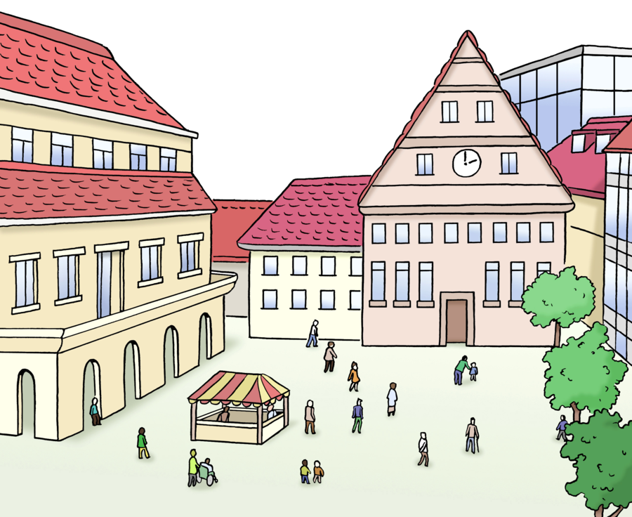 Zeichnung eines Platzes, der auf zwei Seiten von größeren Häuserfassaden umgeben ist. Man sieht außerdem klein einen Marktstand und mehrere Menschen auf dem Platz.