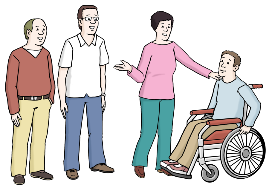 Farbige Zeichnung einer Gruppe von vier Menschen, die miteinander sprechen. Ein Mann ganz rechts sitzt im Rollstuhl. Die Frau neben ihn legt ihre hand auf seine Schulter und deutet auf die beiden Männer neben sich.