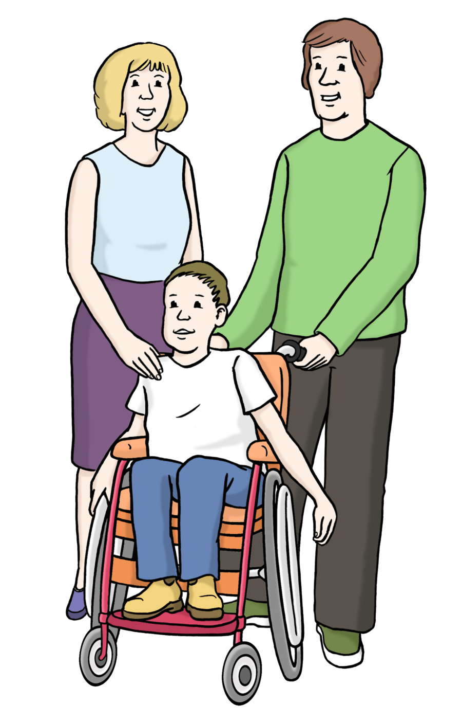 Farbige Zeichnung mit einer Frau, einem Mann und einem Jungen im Rollstuhl. Die Frau legt dem ungeen den Arm auf die Schulter, der Mann hat die Hände an den Schiebe-Griffen des Rollstuhls. Der Junge hat seine Hände an den Rädern seines Rollstuhls.