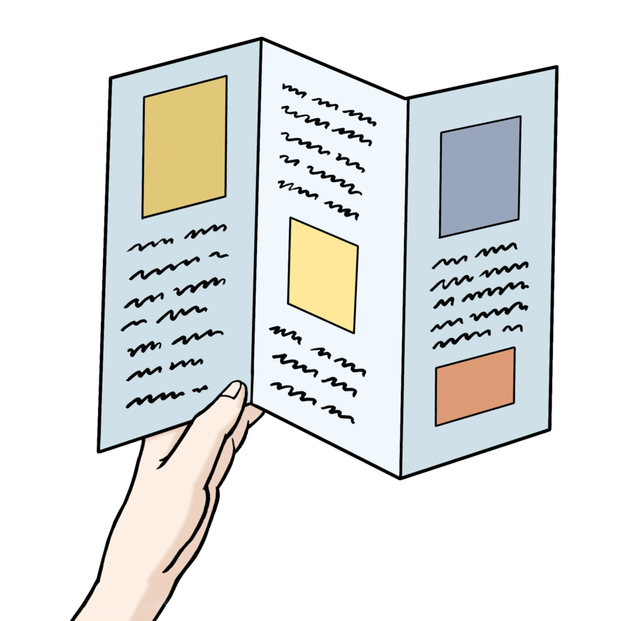 Farbige Zeichnung einer Hand, die ein Faltblatt hält. Das Faltblatt hat drei Seiten und ist offen. Darin sieht man angedeudete  Bilder und Texte.
