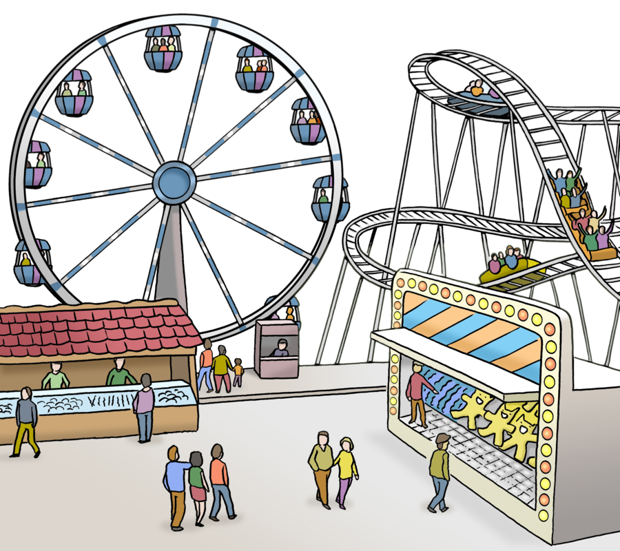 Farbige Zeichnung eines Jahrmarktes mit Riesenrad und Achterbahn und Buden. Dazwischen sieht man Besucher an Jahrmarkst-Buden.