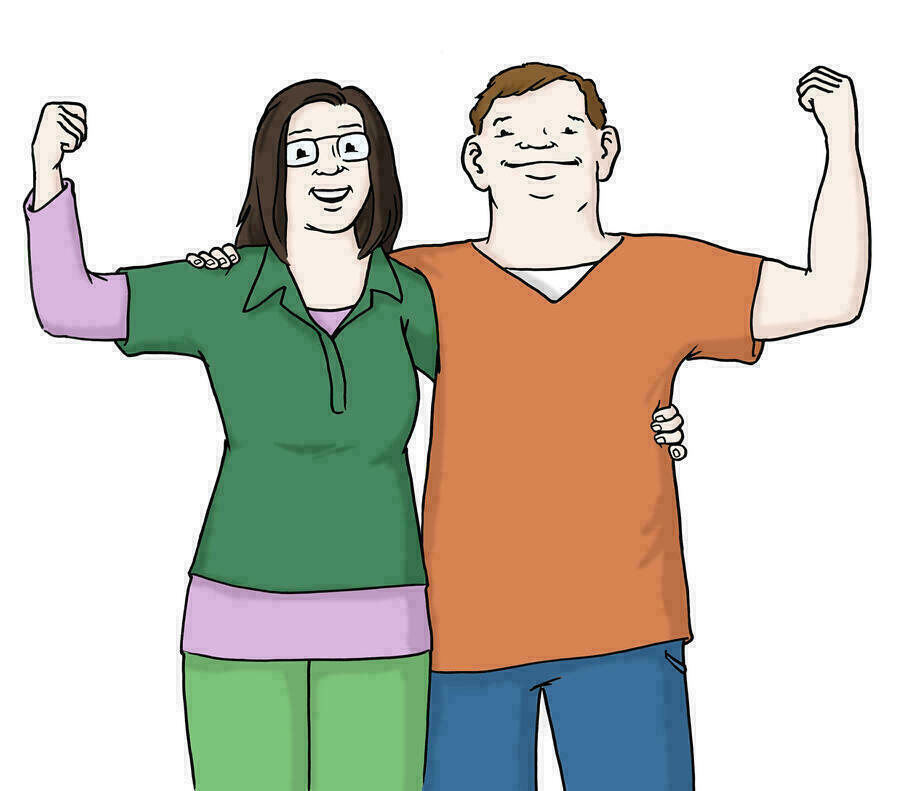 Farbige Zeichnung einer jungen Frau und eines jungen Mannes. Sie lächeln und stehen Arm in Arm zusammen. Beide halten ihren ihren äußeren Arm abgewinckelt und recken die Faust in die Luft.