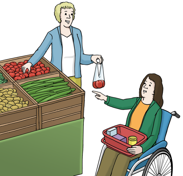 Farbige Zeichnung einer Einkaufssituation. Eine Frau steht an einer Gemüsetheke. Sie hält in einer Hand eine Einkaufstüte und greift mit der anderen Hand nach Tomaten. neben ihr sitzt eine Frau im Rollstuhl und deutet auf die Theke.