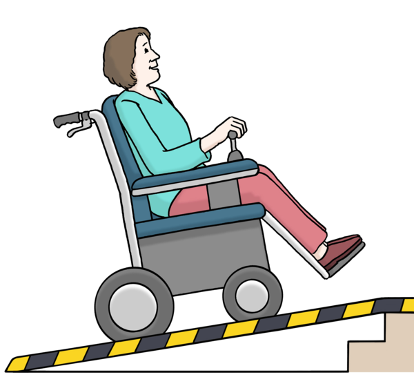 Eine Frau im elektrischem Rollstuhl fährt eine Rampe hinauf.