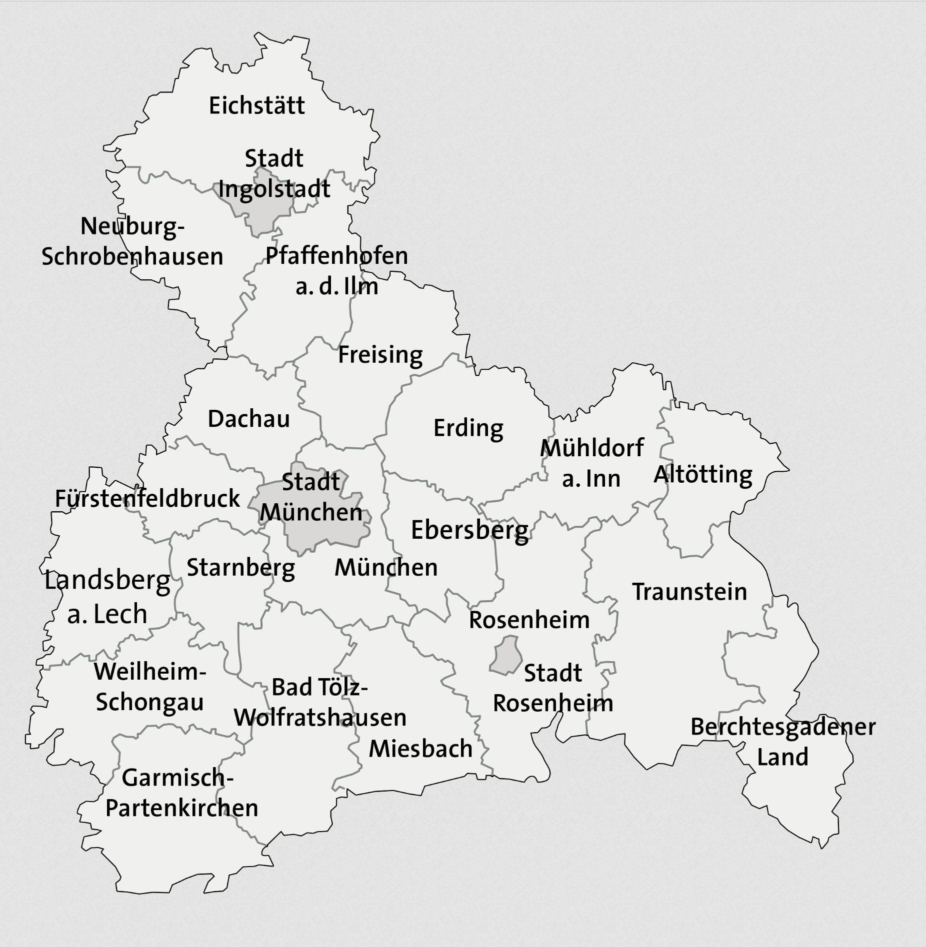 Grafische Darstellung der Oberbayerischen Landkreise in Kartenform