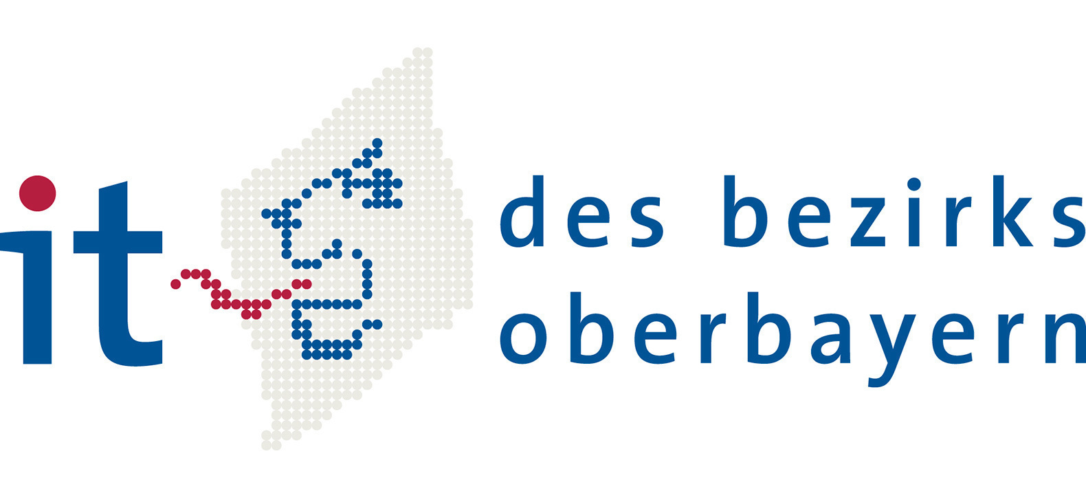 Der stilisierte Löwenkopf des Bezirks Oberbayern wir hier als Pixelkunst dargestellt, umrahmt von den Worten "it des bezirks oberbayern"