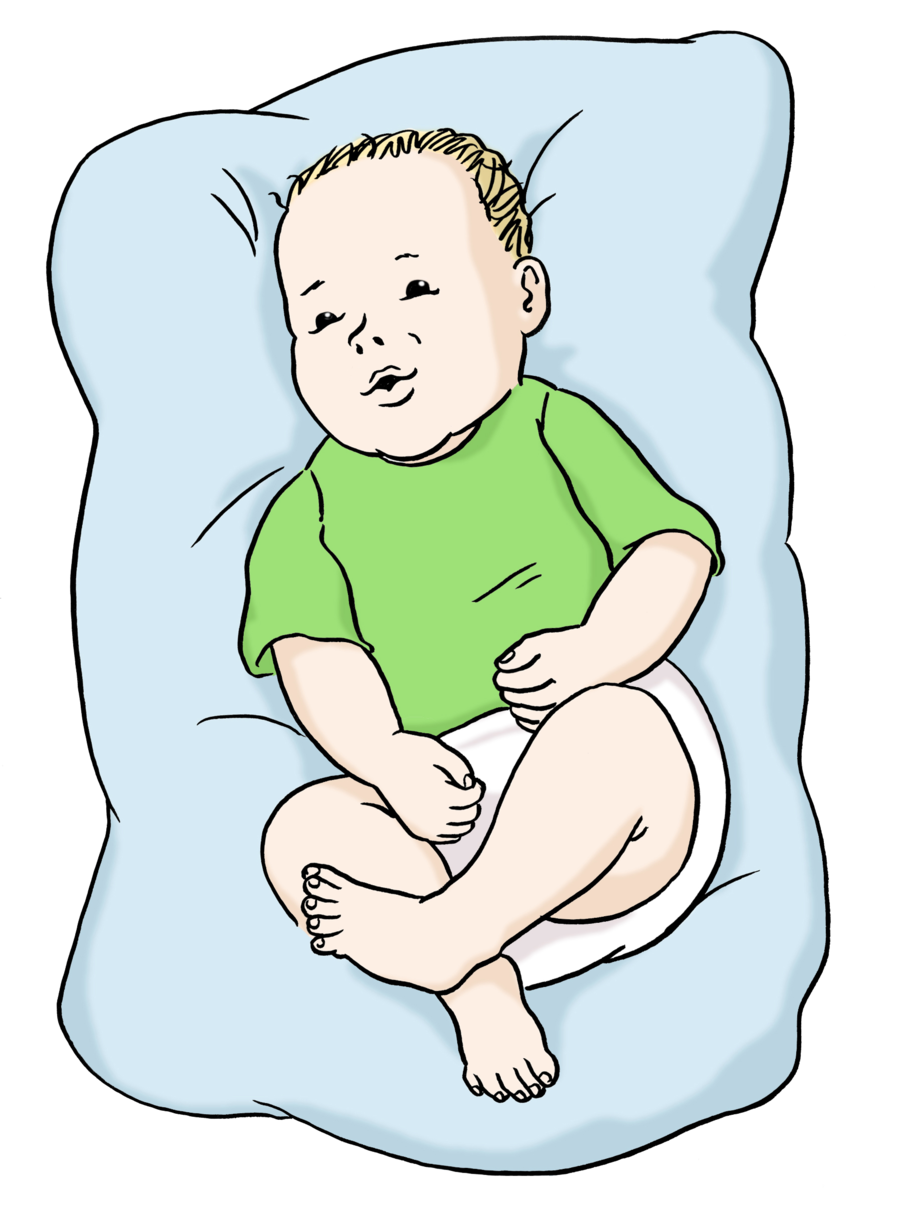 Farbige Zeichnung eines Babys in Windeln, das auf einem Kissen liegt.