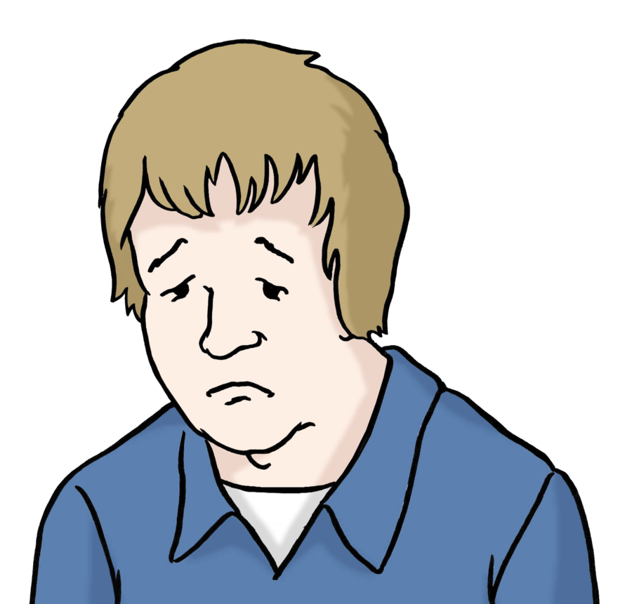 Zeichnung eines Menschen, der traurig aussieht und den Kopf hängen lässt.