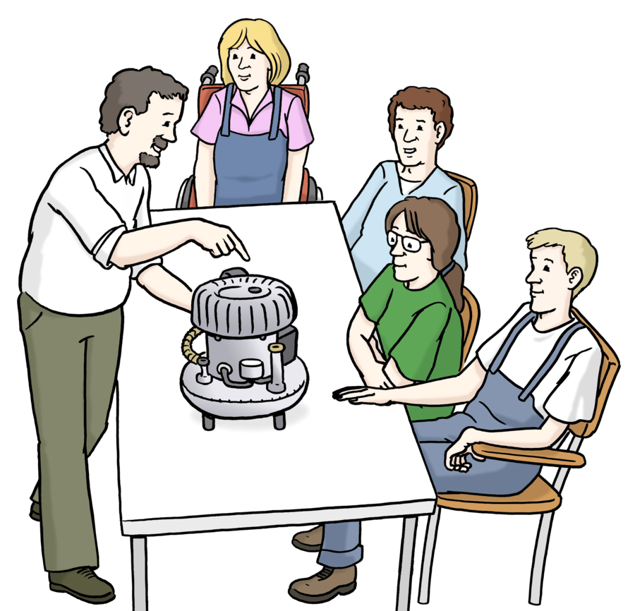 Bei der Ausbildung: Ein Lehrer erklärt den Schülern ein elektrisches Gerät. Die Schüler sitzen an einem Tisch. Der Lehrer steht.  