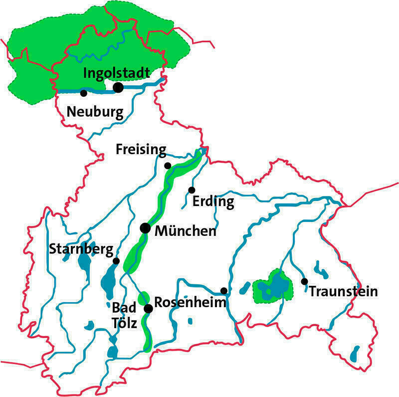 Karte der Naturschtzgebiete in Oberbayern. Nördlich von Ingolstadt: Naturpark Atmühltal, Bad Tölz im Süden bis Freising im Nord-Osten: Isartal-Schutzverordnung, westlich von Traunstein. Chiemsee-Schutzverordnung.