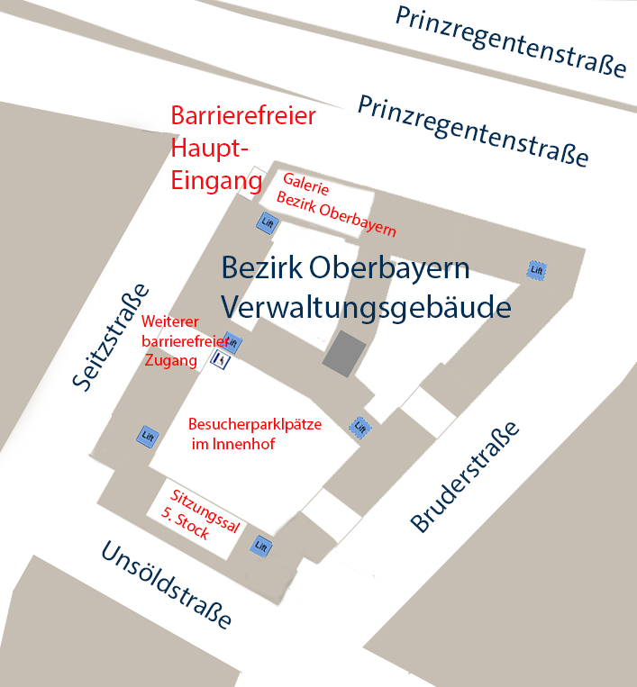 Plan der Gebäude der Bezirksverwaltung mit den Besucherparkplätzen