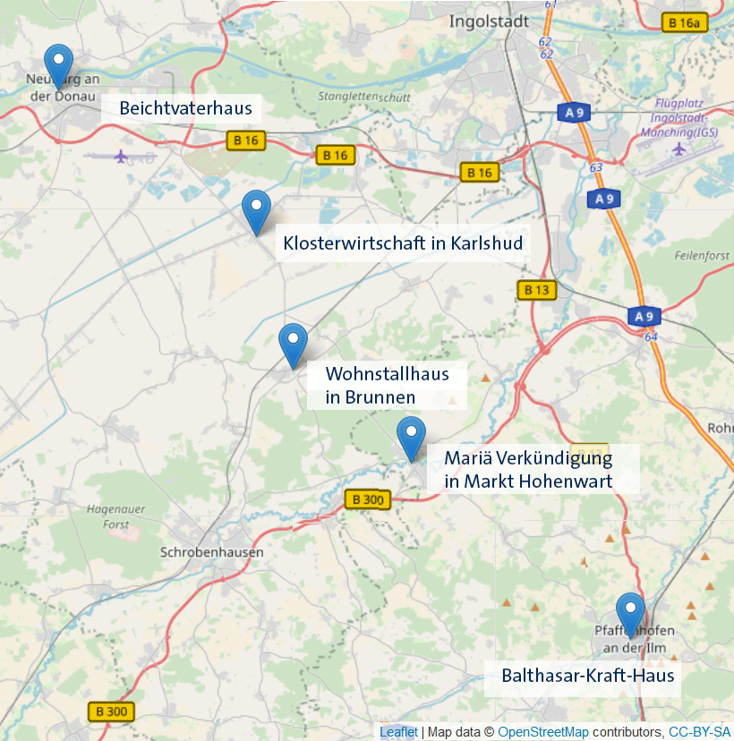 Karte mit Orten der Denkmaltour: Beichtvaterhaus, Klosterwirtschaft in Karlshud, Wohnstallhaus in Brunnen, Mariae Verkündigung in Markt Hohenwart, Balthasar-Kraft-Haus