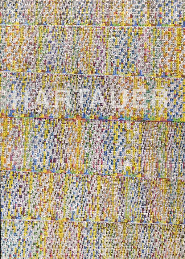 Buchcover des Ausstellungskataloges von Julius Hartauer:
Fünf Reihen mit farbigen handgezeichneten Kalenderfeldern für Tag, Monat und Jahr und dem Schriftzug Hartauer.