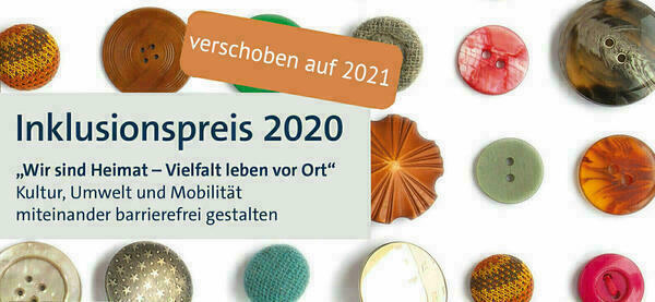 Logo des Inklusionspreises 2020 mit dem Text-Störer "verschoben auf 2021"