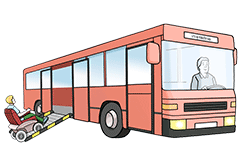Ein Bus hat eine Rampe für einen Rollstuhl ausgeklappt. Ein Rollstuhlfahrer fährt auf der Rampe in den Bus.