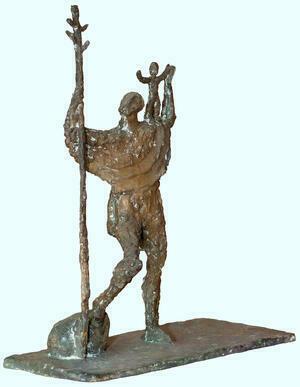 Miniatur-Plastik des Christophorus mit Jesuskind auf der Schulter aus Bronze