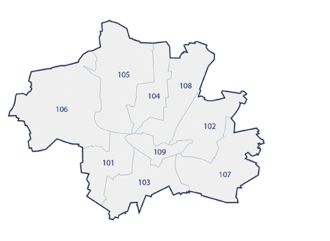 Stark vereinfachte Karte der Stadtfläckhe von München  mit den Grenzen und Nummern der neun Münchner Stimmkreise 101 bis 109