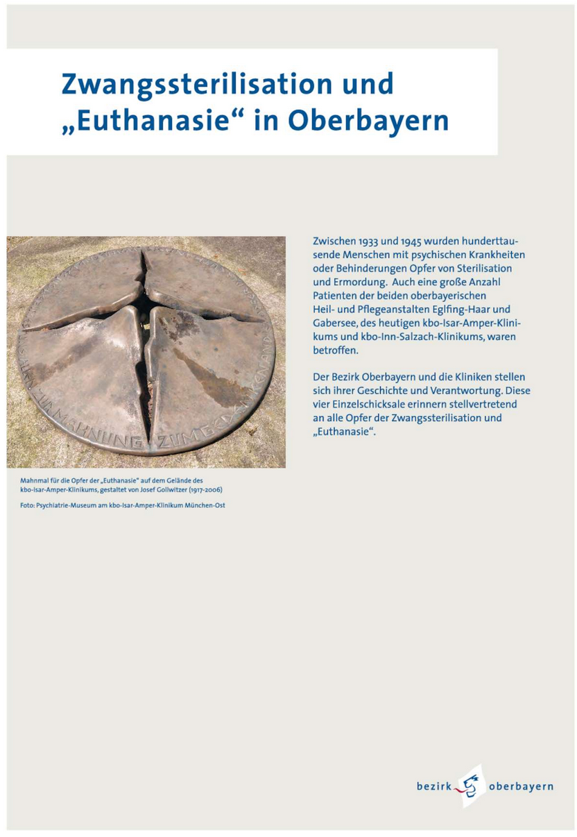 Cover Ausstellungstafeln Euthanasie: Text und Bild einer Metallscheibe mit einem kreuzförimigen Riss in der Mitte