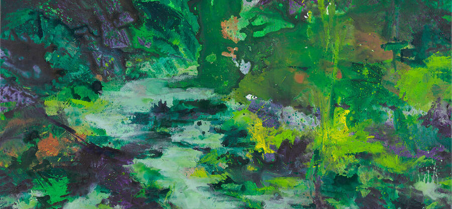Ausschnitt aus einem Gemälde von Bernd Zimmer; eine Wasserlauf und dichter Pflanzenwuchs sind in abstrahierter Darstellung zu sehen; es dominiert die Farbe grün