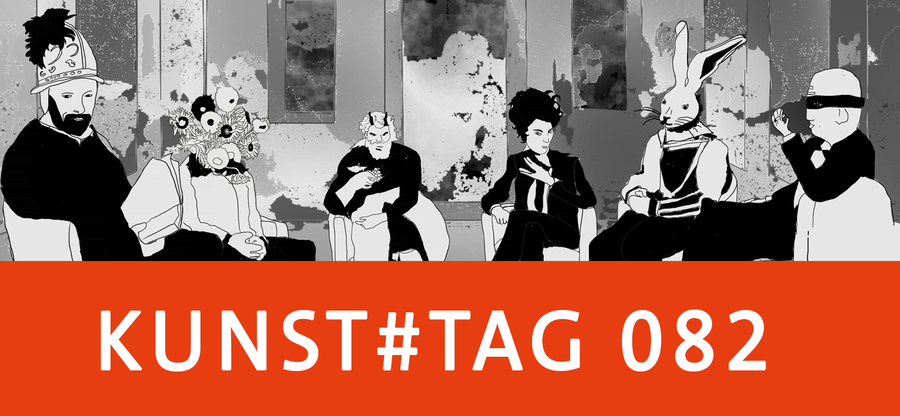 KUNST#TAG 082: Kunstgespräch / obere zwei Drittel: Ausschnitt aus einem Still der Animation "Last Supper" von Johannes Karl mit S/W-Grafiken berühmter Künstler aus der Kunstgeschichte; unteres Drittel: Aufschrift "KUNST#TAG 082" auf roter Farbfläche