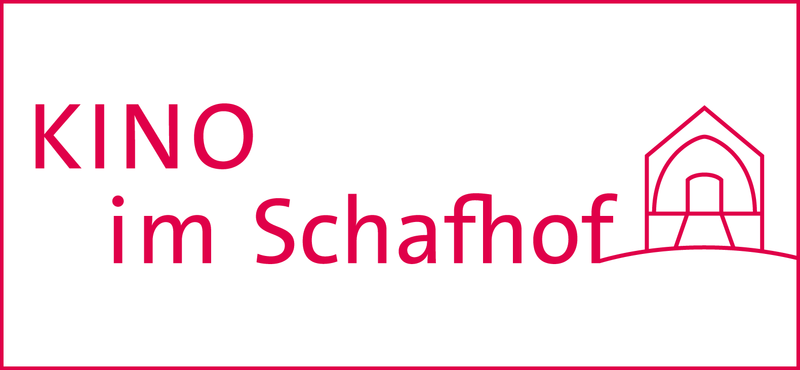 KINO im Schafhof; Bild: Schriftzug und Liniengrafik der Seitenansicht des Gebäudes in Rot auf weißem Grund mit dünnem roten Rahmen