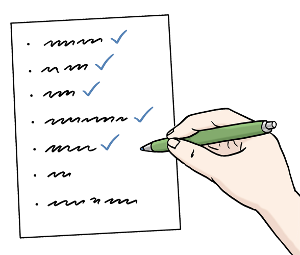Zeichung einer Liste mit Schriftzeichen und grünen Haken und einer Hand mit Stift.