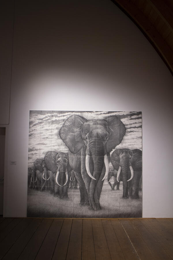 Aus vielen kleinen Blättern mit Zeichnungen setzt sich das Bild einer Elefantenherde zusammen. 