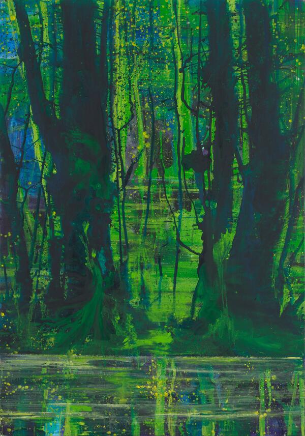 Kunstwerk: Das Gemälde stellt ein in abstrakter Malweise gehaltene, bunte Landschaft dar. Es dominieren Grüntöne.
