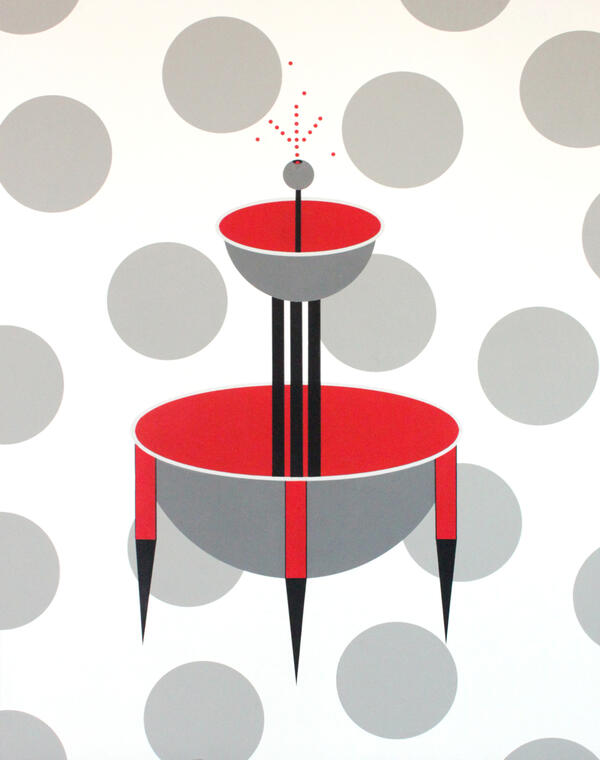 Kunstwerk: Zeichnung mit hellgraue Punkten und einem stilisierten Springbrunnen mit roten Becken