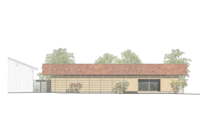 Architekturentwurf: Ansicht eines eingeschossigen scheunenartigen Gebäudes aus Holz mit Ziegeldach, dessen Dach-Überstand von Holzstreben getragen wird.