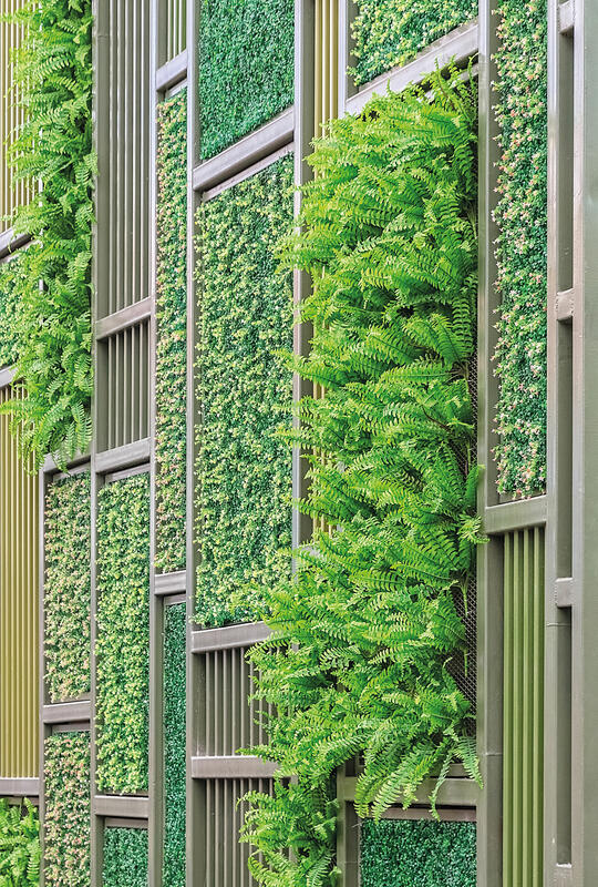 mit Pflanzen bewachsene Hauswand, dazwischen graue Metallstreben