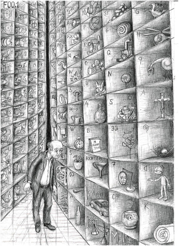 Kunstwerk: Die Zeichnung zeigt einen alten Mann vor hohen Regalwänden, in denen Fächer mit Zeichen bzw. Buchstaben beschriftet sind, in denen sich kleine Objekte befinden.