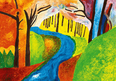 Zu sehen ist in ein farbiges abstrahierendes Landschaftsgemälde, das einen blauen Weg mit Bäumen und Pflanzen zeigt.