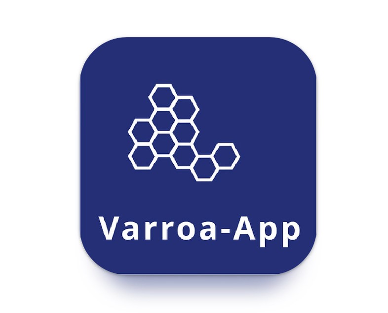 Dunkelblaue Grafik mit Bienenwaben und Schriftzug Varroa-App