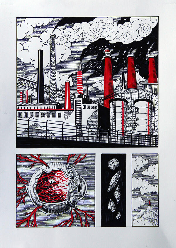 Im Stil eines Comics ist eine Site mit Zeichnungen abgebildet; darunter eine Fabrik mit rauchenden Schornsteinen, ein Augapfel, Gesteinsbrocken und eine Landschaft mit Wolken