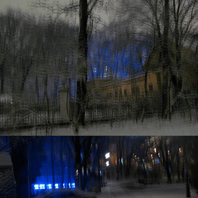 Tafel bestehend aus drei unscharfen nächtlichen Fotografien: Oben Quer Bäume und Gebüsch vor einem Zaun. Dahinter ein gelbes Gebäude im Hintergrund blaues Licht. Das Foto darunter links: Blaues und weißes Licht hinter Bäumen, rechts farbige Lichter einer Straße die durch Bäume scheinen.