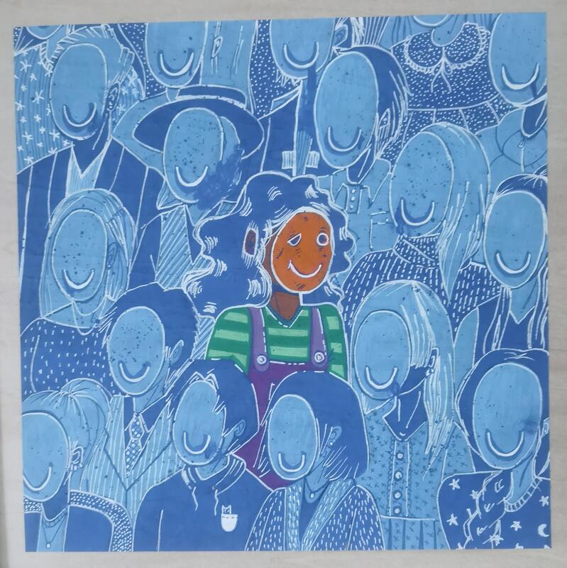 Kunstwerk von Rachel Fana: "I Am Fire" - zwischen vielen monochrom in blau gehaltenen Personen leuchtet eine mit einem Smiley-Gesicht bunt hervor.
