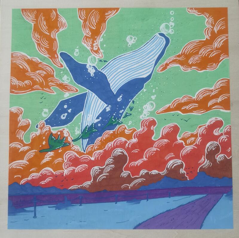 Flächige Grafik eines Blauwals, der sich in hellgrünem Wasser zwischen roten Wellen bewegt, darunter eine nachtblaue Landschaft