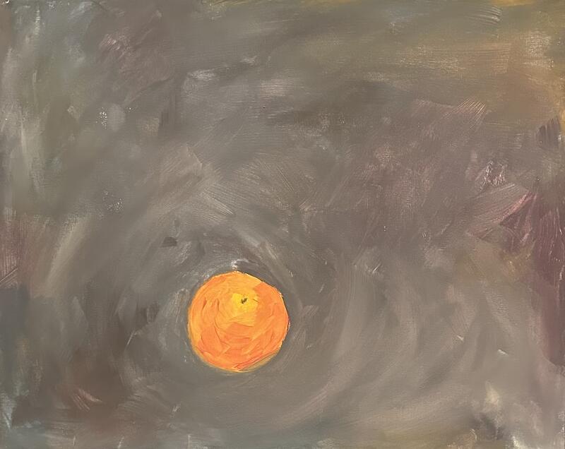 Ölbild: Braungraue Fläche mit einer Mandarine im unteren Drittel. Alles mit groben Strichen gemalt.