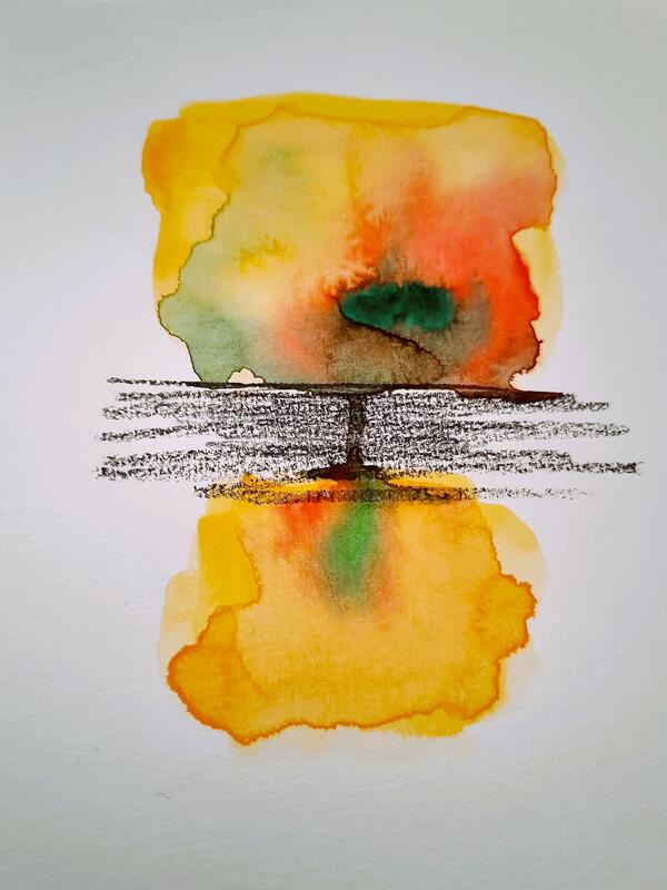 Kunstwerk von Elisabeth Handgrödinger: Zwei Flächen in orange, rot und etwas grün hängen nur noch mittig mit einer schmalen Verbindung zusammen. Horizontal drängt sich ein Bündel aus horizontalen Linien dazwischen und drückt die Flächen auseinander.
