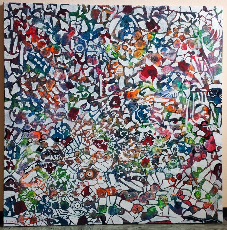 Patricia Staforelli: Bildkomposition aus weißen knochenartigen Elemente, die über bunten Farbflächen sitzen. Die bunten Flächen haben zum Teil augenförmige Kreise