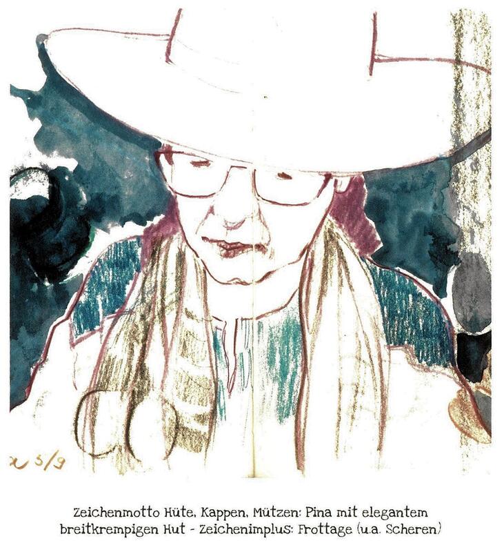 Zeichnung einer Frau mit großem Hut ud Brille. MAnche Fläche sind nur angedeutet.