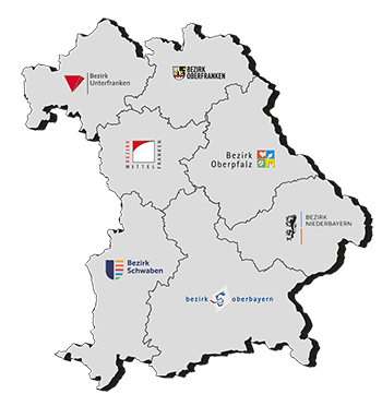 Karte von Bayern mit den Logos der sieben Bezirke