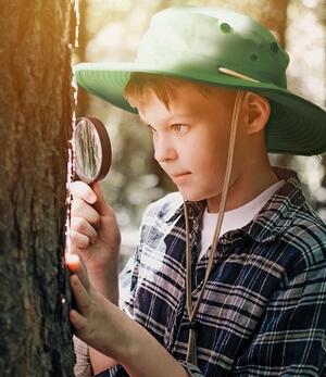 Ein kleiner Junge mit grünem Hut und kariertem Hemd untersucht mit einer Lupe einen Baum.